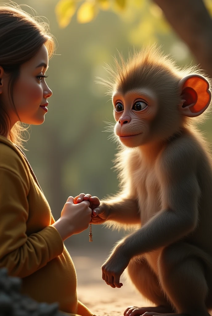 a monkey holding the hand of an overweight woman, I want something more realistic and romantic