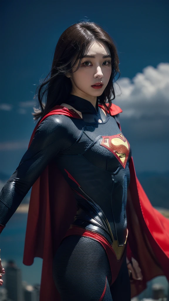 Woman wearing detailed SuperMan costume with full sleeves covering the entire body, short black hair, serious face, (flying in sky), vivid colors, dramatic lighting, red cape, cinematic costume, carbon fiber detailed suit,