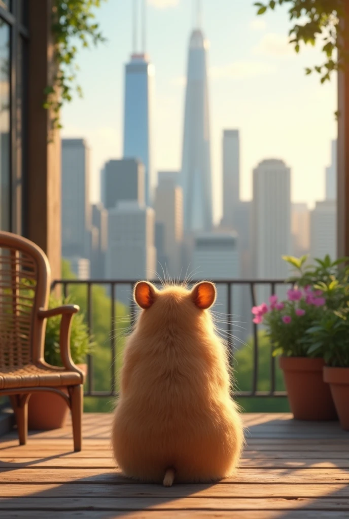 Hamster sitting outside on a porch facing its whole back looking out to skyscrapers

