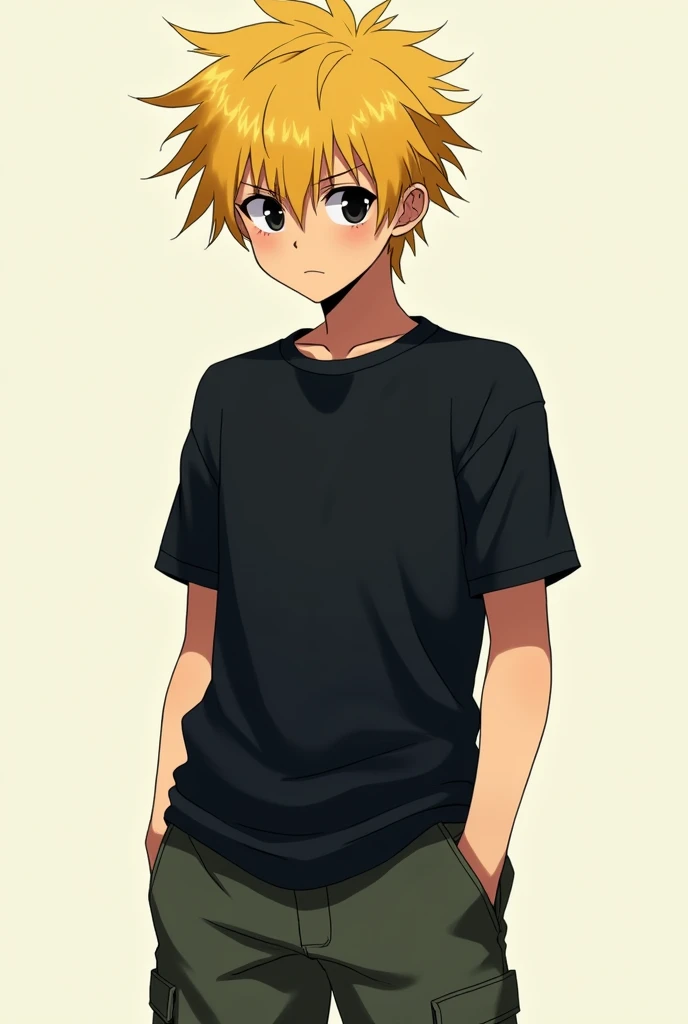 Teenage anime character
Male, yellow hair, black eyes, emo, black shirt, cargo pants 