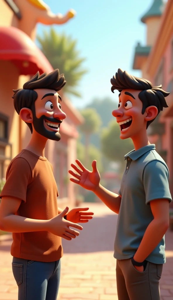 very happy man talking to another man in pixar style in 3D