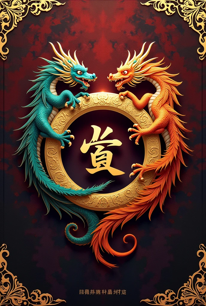 An RPG book cover. The center is the Chinese kanji for the word wushu inside a ring, all gold on the right side outside the ring a long dragon. On the left side a phoenix . In the footer written, Wushu the RPG game. Created by Julio Wagner and based on the vampire game, to mask. The text I requested is missing