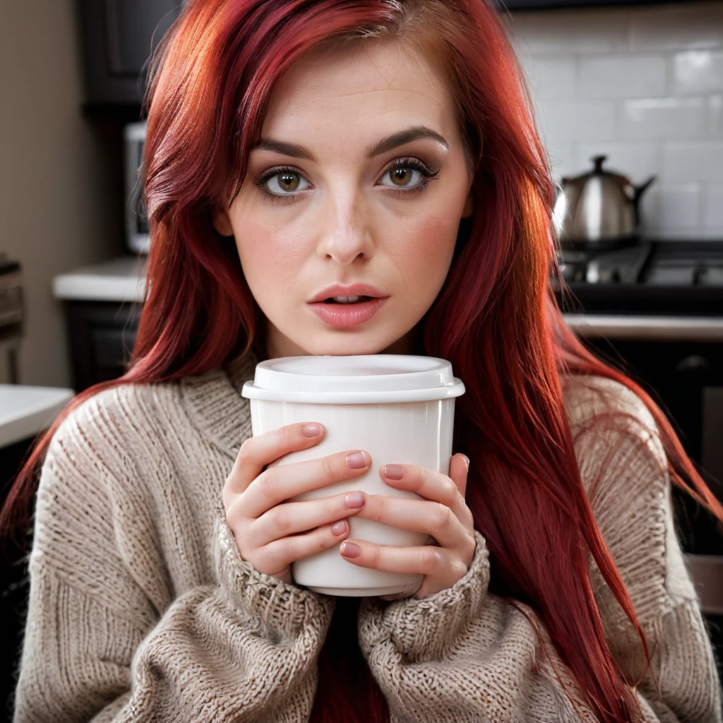 closeup, portrait, LeannaDecker, ((wearing sweater)), inside, portrait, kitchen, holding coffee mug, winter fire, eyes open, best quality, upper body, by lee jeffries nikon d850 film stock photograph 4 kodak 400 camera f1.6 lens rich colors hyper realistic lifelike texture natural lighting unreal engine trending on artstation cinestill 800, (100mm lens), long hair,, red hair 