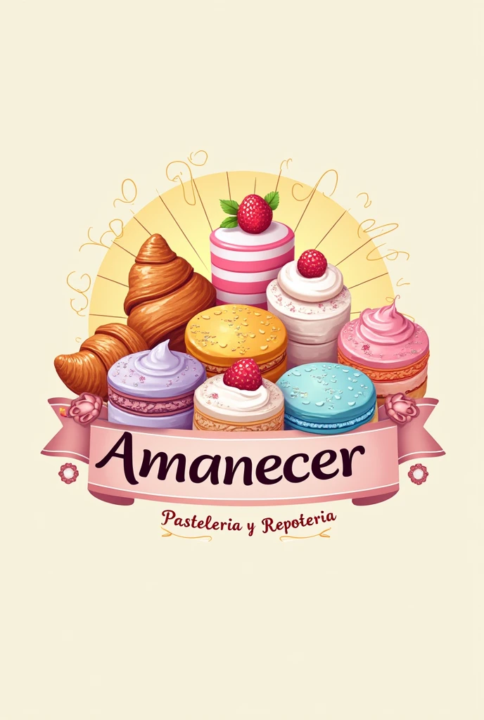 logo for my personal brand with the title "Dulce Amanecer Pasteleria y Reposteria" , with pastel pink, lilac, yellow, sky blue with bright colors creative with pastry and confectionery in the background