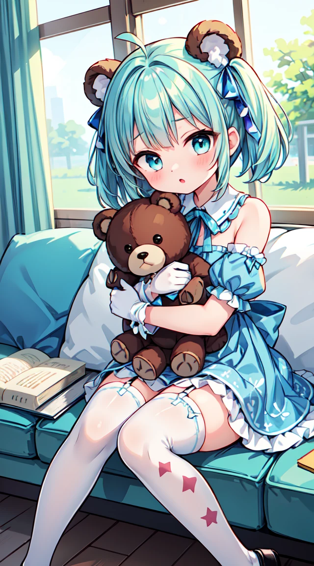  girl, charmy-angle, looking at viewer, blue bow, frills, striped bow, frilled dress, white thighhighs, white dress, long hair, dress bow, 1girl, cross-laced clothes, blue eyes, window, puffy short sleeves, detached sleeves, white gloves, short sleeves, :o, couch, twintails, bow legwear, light blue hair, sea foam green hair, bow print, holding, book, blue dress, ahoge, plaid dress, book stack, dutch angle, on couch, indoors, stuffed animal, white legwear, off shoulder, white bow, hair bow, long hair, diagonal-striped bow, parted lips, medium hair, blush, neck ribbon, short hair, blue ribbon, curtains, green bow, white collar, object hug, bear print, hair ribbon, bare shoulders, eyebrows visible through hair, frilled legwear, detached collar, blue dress, garter straps, teddy bear, stuffed toy, frilled thighhighs, blurry, sitting, frilled bow, print skirt, bear shaped bag, puffy sleeves 