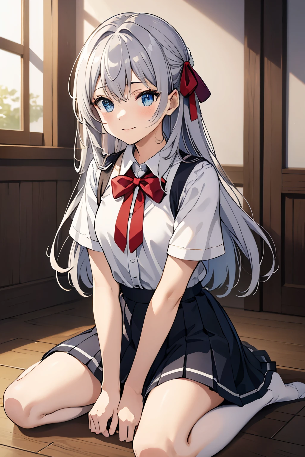 ((masterpiece)),(Highest quality),Official Art,Very delicate and beautiful,Highly detailed CG,unity 8k wallpaper,Super detailed,Beautiful attention to detail,One person,alone、smile,(small:1.2),Alisa Mikhailovna Kujo,Ahoge,Long Hair,Grey Hair,Hair Intake,Hair Ribbon,Red ribbon,Hair between the eyes,bangs,Sparkling blue eyes,Crouching、Spreading legs、Pleated skirt