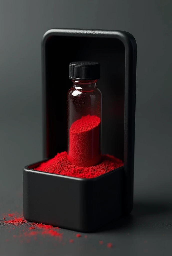vial, red dust in vial, vial in black plastic box