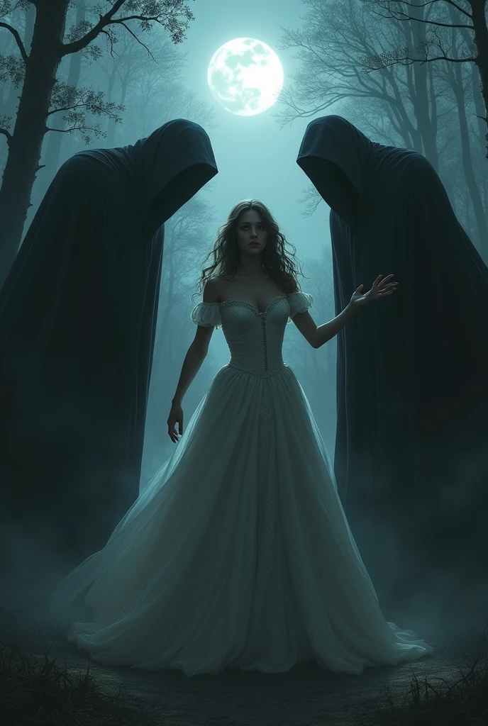 "A dark, foreboding forest clearing under a moonless sky, shrouded in mist. In the center, a young woman dressed as a princess is struggling, her expression a mix of fear and defiance. Three shadowy figures loom over her menacingly, their faces hidden in darkness. The scene is tense, with an eerie stillness in the air."