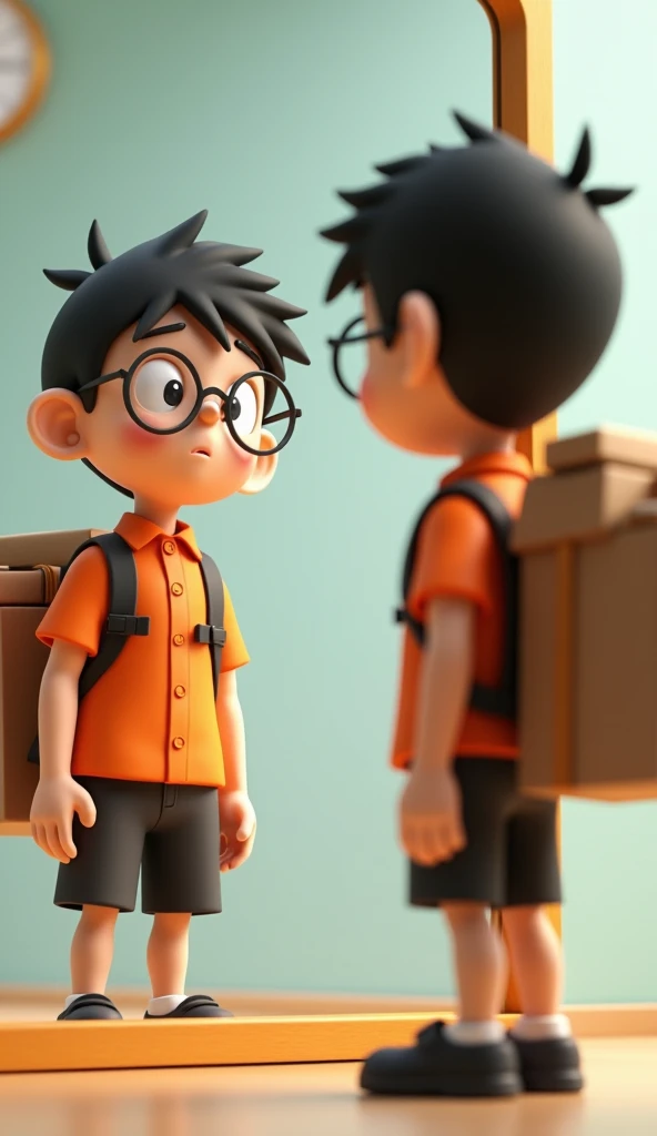 Nobi Nobita stands in front of the mirror, wearing a shipper uniform and carrying a backpack filled with packages, Sharp 3D image 