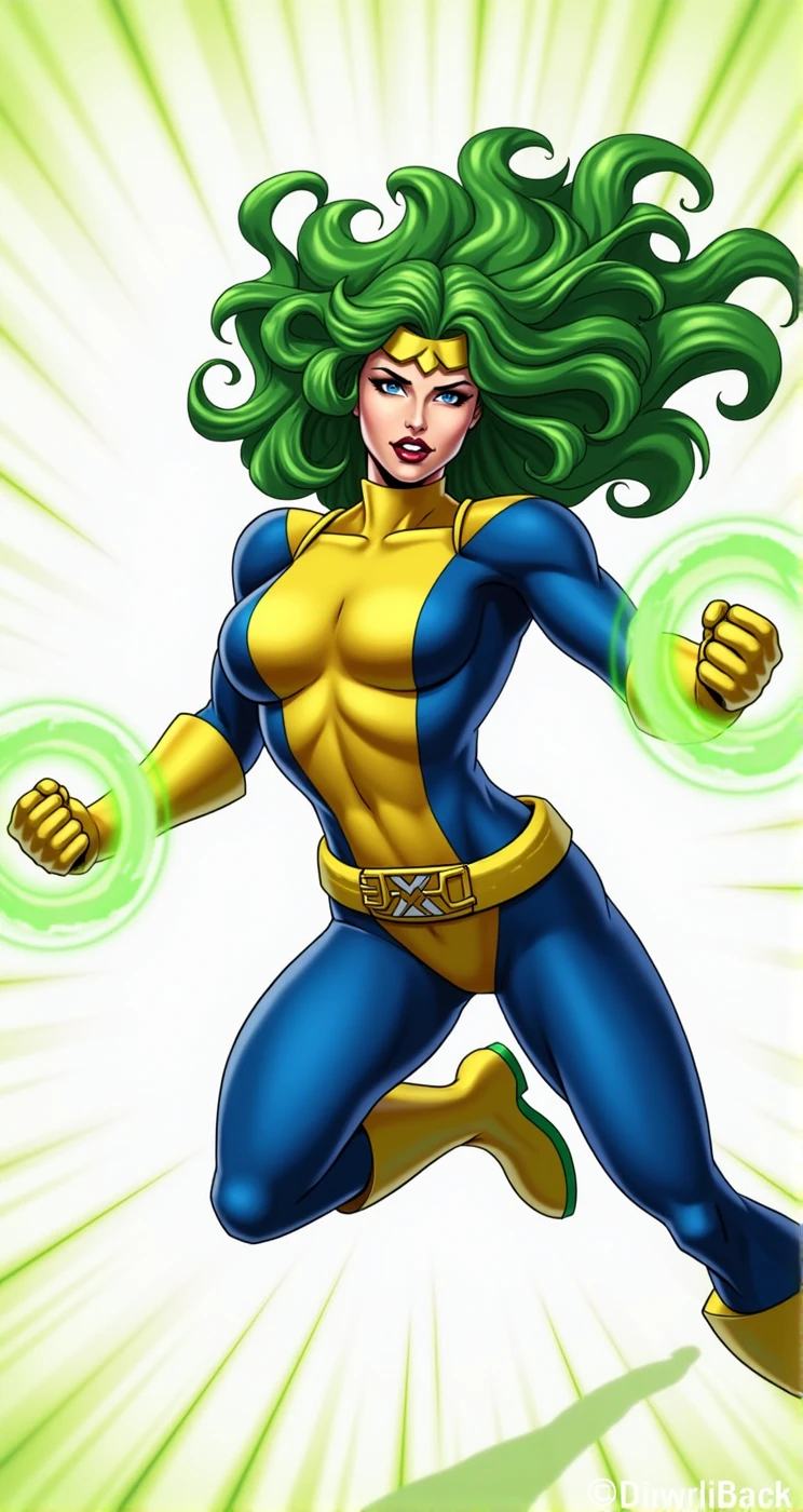 Lorna Dane, polaris x-men, (green thick wavy long hair:1.4), wearing a blue costume, with yellow xmen belt, yellow glowes, yellow boots, flying in a energetic force field, (she's using her green power:1.3), (comic style:1.4)