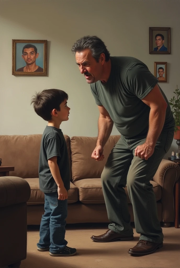 A stressed father yelling at a his 10 year old father, comparing him to his cousin