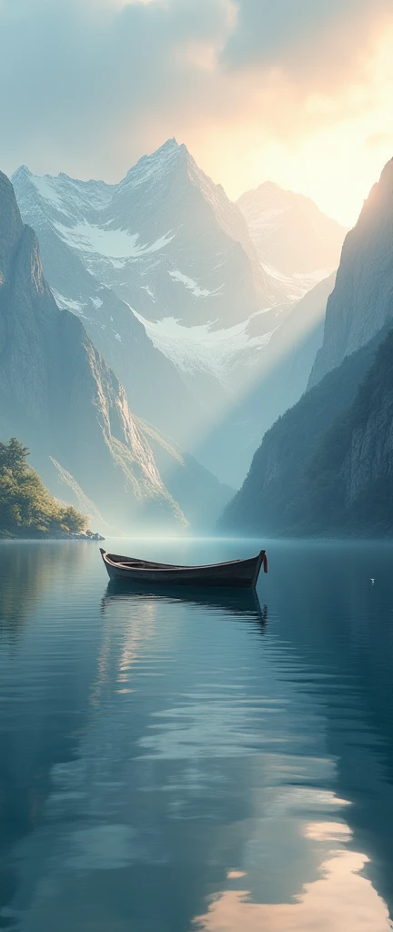 A serene mountain lake at sunrise with a small boat in the distance.