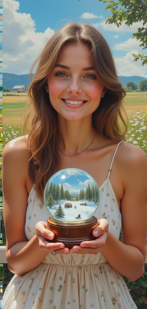 Beautiful woman Holding a snowy snow globe and sitting on her summer terrace, detailed summer landscape background with flower meadow, wearing a summer dress, perfect face, delicate face, vivid colors, happiness, Oil Painting, expressive brushwork, highly detailed, delicate details