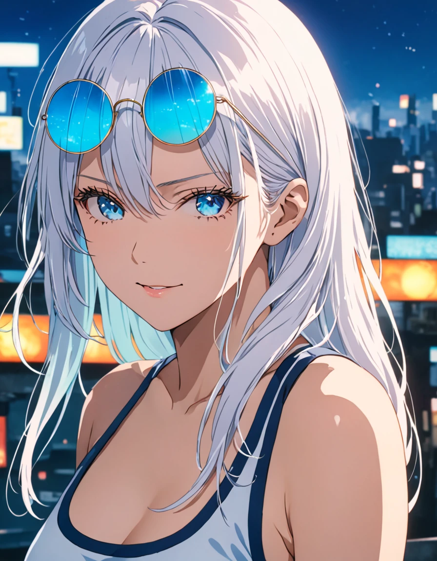 score_9, score_8_up, score_8, best quality,masterpiece,4k,very aesthetic,uncensored,rating_explicit,rating_questionable, anime_source,  gojou satoru, genderswap \(mtf\), long hair, white hair, luminous aquamarine blue eyes, depth of field, stunning color, (white eyelashes:1.5), female focus, BREAK, 1girl, mature, looking at the viewer, (eyewear on head, round eyewear), smile, smirking, grinning, white crop top, black jogger pants, perfect composition, BREAK,cinematic lighting and shadow, dynamic pose, expressive, perfect face, perfect body,(masterpiece), (best quality), (ultra-detailed), very aesthetic,very detailed, high detailed texture, 8k, mappa studio screencap, jujutsu kaisen art style