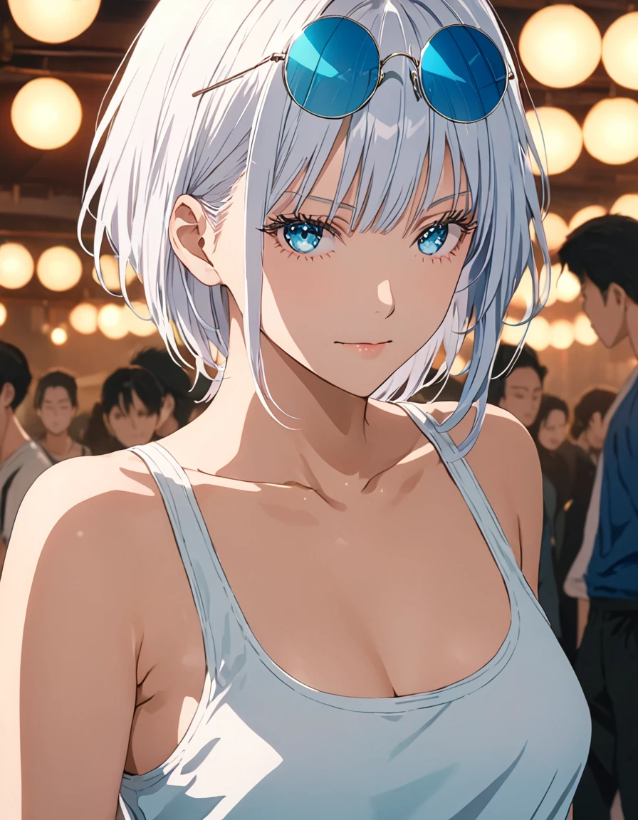 score_9, score_8_up, score_8, best quality,masterpiece,4k,very aesthetic,uncensored,rating_explicit,rating_questionable, anime_source,  gojou satoru, genderswap \(mtf\), long hair, white hair, luminous aquamarine blue eyes, depth of field, stunning color, (white eyelashes:1.5), female focus, BREAK, 1girl, mature, looking at the viewer, (eyewear on head, round eyewear), smile, smirking, grinning, white crop top, black jogger pants, perfect composition, BREAK,cinematic lighting and shadow, dynamic pose, expressive, perfect face, perfect body,(masterpiece), (best quality), (ultra-detailed), very aesthetic,very detailed, high detailed texture, 8k, mappa studio screencap, jujutsu kaisen art style