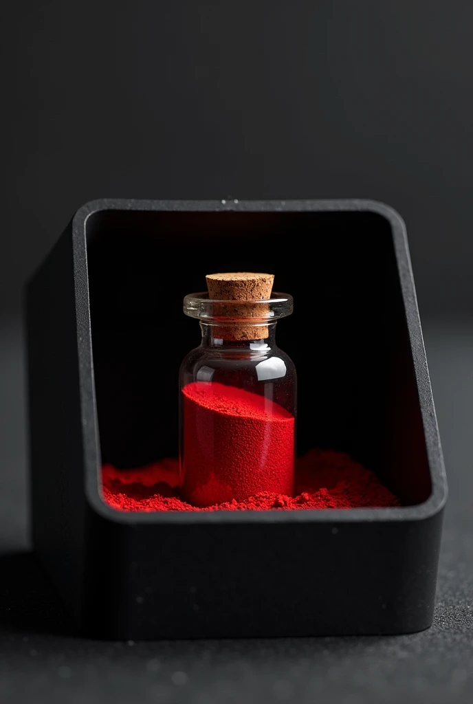vial, red dust in vial, vial in black plastic box 