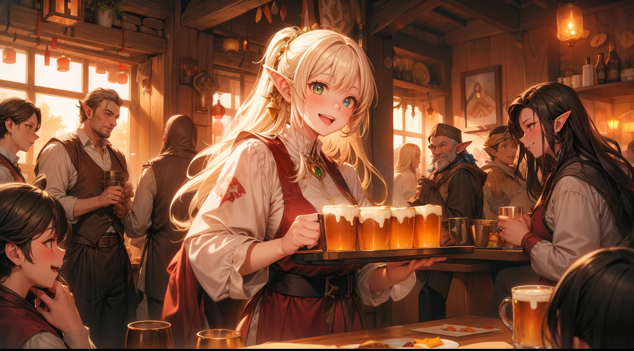 An illustrated scene set in a lively fantasy tavern at twilight. The focus is on a cheerful elf waitress, a young woman with long flowing hair and pointed ears, wearing a traditional tavern outfit. She is smiling warmly as she carries a large tray of mugs filled with beer, distributing them to a diverse group of patrons gathered around a round wooden table. The background shows a bustling tavern filled with various races, including humans, dwarves, and elves, all engaged in lively conversation. The setting is cozy, with a warm glow from lanterns and a large hearth, casting a soft, inviting light. The overall mood is vibrant yet warm, with a mix of soft browns, golds, and oranges to reflect the twilight hour.