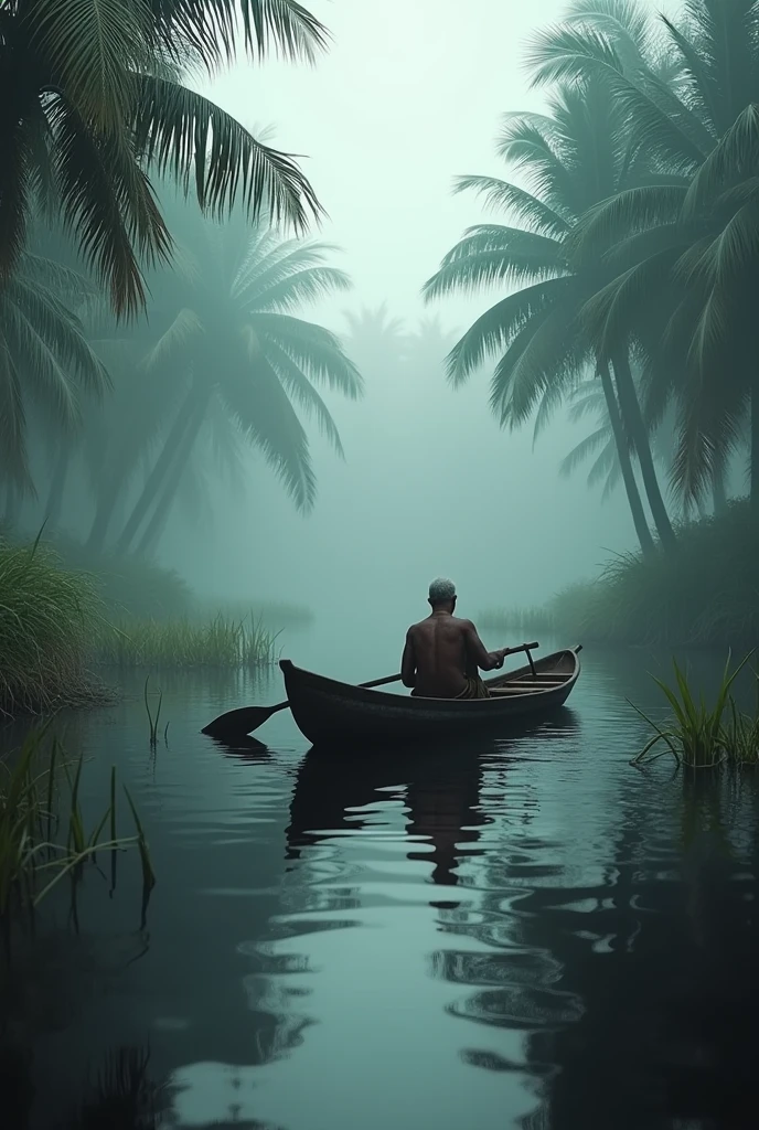 ( photo realism 1.2) photo realistic high detailed old Malay male at swamp paddling canoe cinematic view dramatic view morning mode fogs effect pandanus tree sunlight effect view of TASIK Bera black water lepironia articulate pandanus helicopus perahu jalur