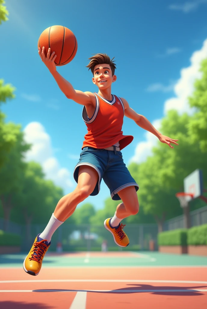 Create a picture of a 15 year old handsome boy playing basketball Make the same player from the picture happy