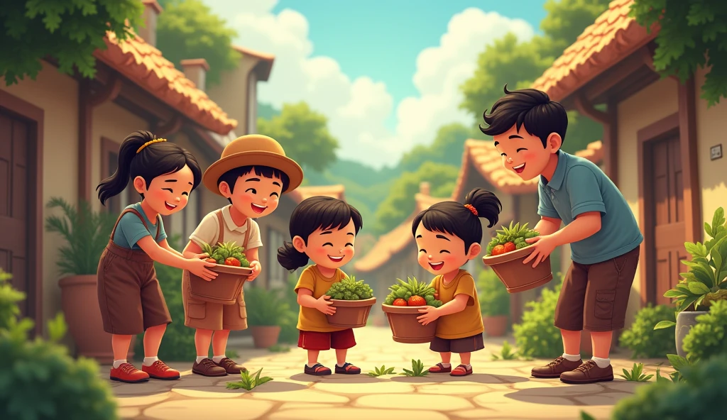 Villagers smiling warmly, helping each other with tasks, showcasing strong community bonds and mutual respect."