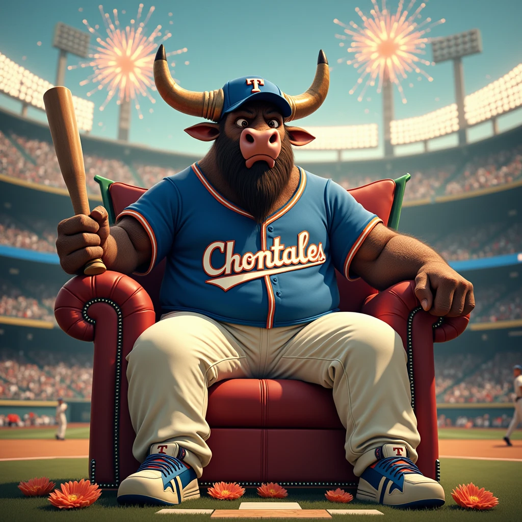 A giant, furious, beardless bull with a muscular body sits on a luxurious throne inside a baseball stadium. He has large horns, wears a cap with the letter T, a blue T-shirt that says 'Chontales,' cream-colored baseball pants, and baseball sneakers. He holds a baseball bat in one hand, fireworks are in the sky, and flowers are at his feet.