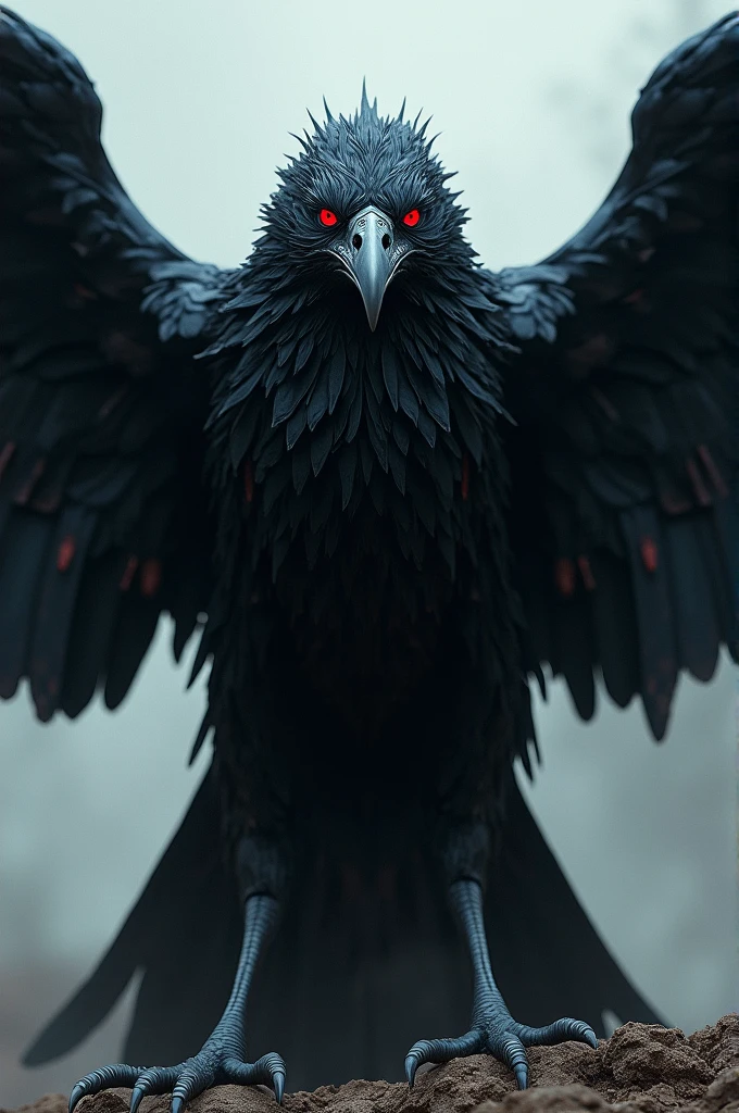 A raven with red eyes and wings like black steel with its wings open. While looking with an intimidating gaze