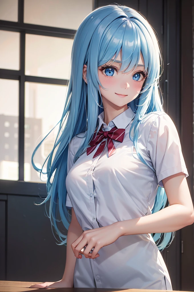 Best Quality,High resolution,8k,finelity detailed background,Masterpiece:1.2),beautiful girl,Shiny light blue hair,messy hair,Light blue eyes,Gentle look,A refreshing look,smile,Best quality,Best Quality,Aesthetic and aesthetic:1.2,Best details((Super detailed))(High-definition CG illustrations),summer uniform,Slender body,School,In the classroom,smile,blush,cute,Scrounge,Looking up,Being spoiled,super model