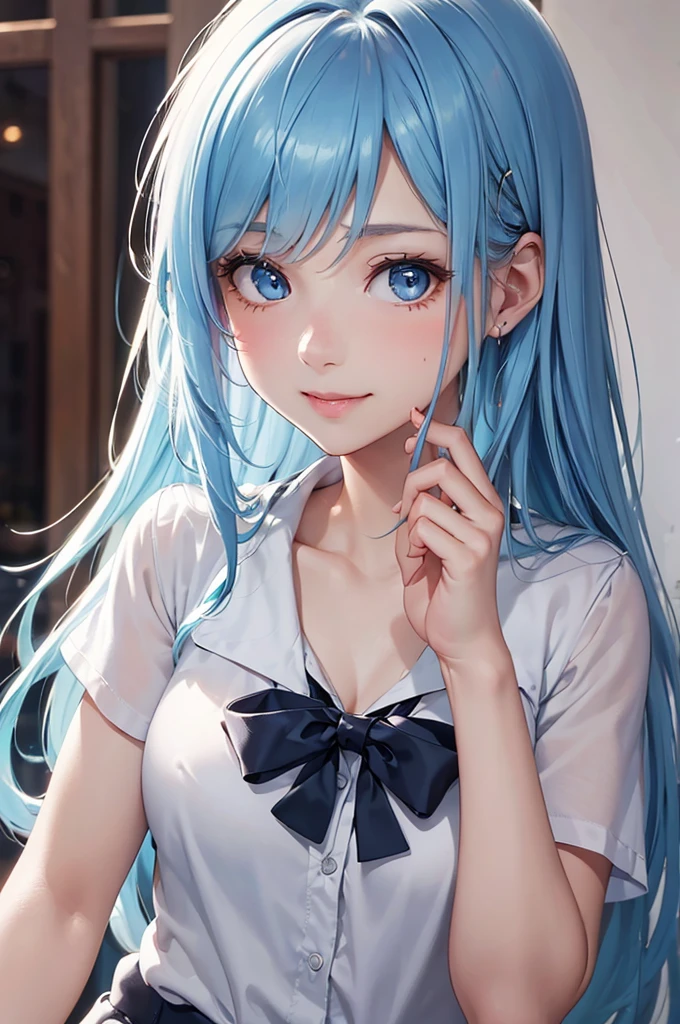 Best Quality,High resolution,8k,finelity detailed background,Masterpiece:1.2),beautiful girl,Shiny light blue hair,messy hair,Light blue eyes,Gentle look,A refreshing look,smile,Best quality,Best Quality,Aesthetic and aesthetic:1.2,Best details((Super detailed))(High-definition CG illustrations),summer uniform,Slender body,School,In the classroom,smile,blush,cute,Scrounge,Looking up,Being spoiled,super model