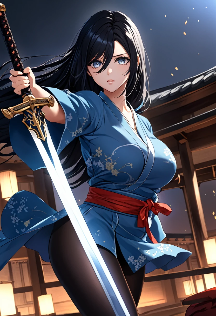 ｛Highest quality｝｛One woman, 25 years old｝｛Swordsman｝｛Black Hair、Long Hair｝｛Cross bangs｝｛Big Breasts｝｛Grey Eyes、Hanging eyes、Details｝｛Blue kimono｝｛stand｝｛Black pantyhose、slit｝｛Holding a sword｝Hanging eyes, Half-closed eyes,  whole body｛Swinging the Sword｝