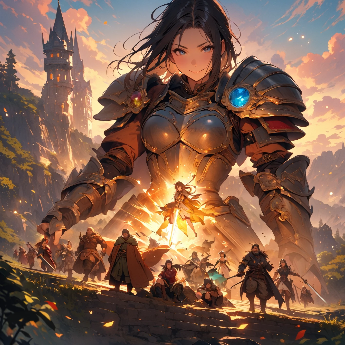 (masterpiece:1.4), (Highest quality:1.4), Very detailed, Complex, Very detailed, shape,Soft lighting, Scenic, More than one personで走り出そうとしている, Hopeful Face, smile, More than one person, A mix of men and women, a group of adventurers, character from RPG games, (character: human, Fairy, Fairy, Dwarf, The Hobbit), (exterior: Swordsman style, Shaman style, Monk style, Magician style), (belongings: Long sword, dagger, Holy Staff, Magic wand, shield, metal armor, Leather Armor), Perfectly accurate anatomical shape、All limbs are intact、Perfect Full Finger, Colorful characters, Landscape colored in earth tones, Huge, Majestic, female knight, Expression that brings excitement, みんなのsmileが素晴らしい.