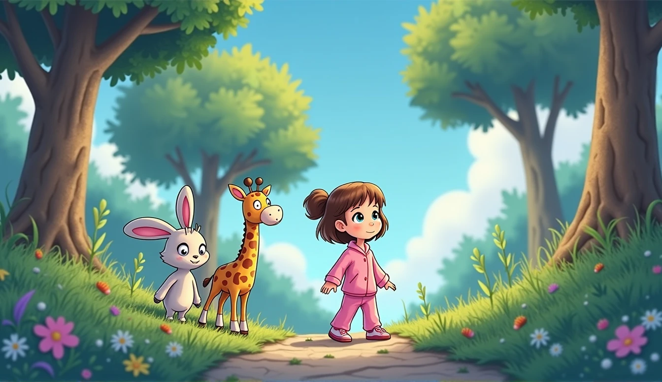 cartoon little hare, a stuffed giraffe toy and a little cartoon girl in pink pajamas looking at a tree with a carrot stuck on it