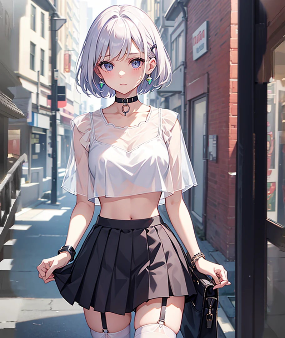 girl, bag, bangs, black choker, blush, bracelet, breasts, building, choker, closed mouth, collarbone, cowboy shot, crop top, earrings, garter straps, emerald eyes, hand up, jewelry, looking at viewer, midriff, miniskirt, navel, outdoors, parted bangs, pleated skirt, purple skirt, railing, see-through, shirt, short hair, short sleeves, shoulder bag, skindentation, skirt, solo, standing, thighhighs, white hair, white shirt, white thighhighs, green eyes, emerald eyes, purple skirt, lilac skirt, cute face, joy 
