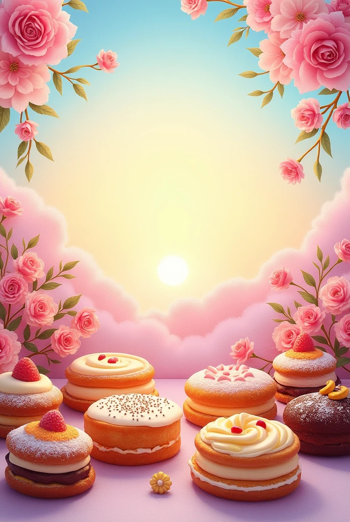Image for my personal brand with the title "Dulce Amanecer Pasteleria y Reposteria" , with pastel pink, lilac, yellow, sky blue with bright colors creative with pastry and confectionery in the background