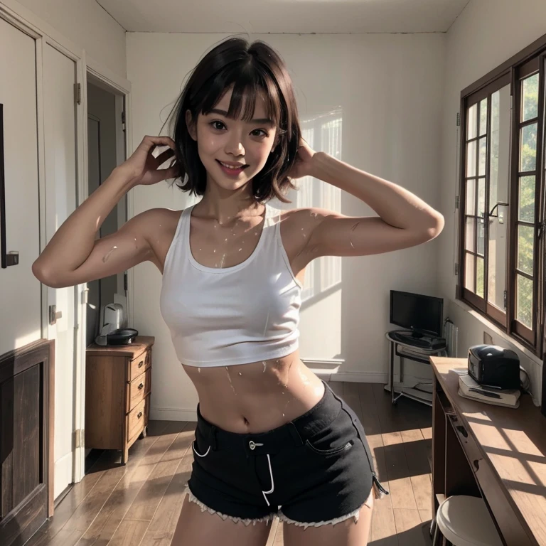 Masterpiece、8k、Very realistic、Japanese、One person、woman、Skinny athletic model body、Flat Chest、tall、Description：whole body、38 years old、(Hairstyle：Bangs(1.6))、In your room at home、The best smile、((Wearing a white tank top、Wearing black shorts))、Sweaty、Wet、