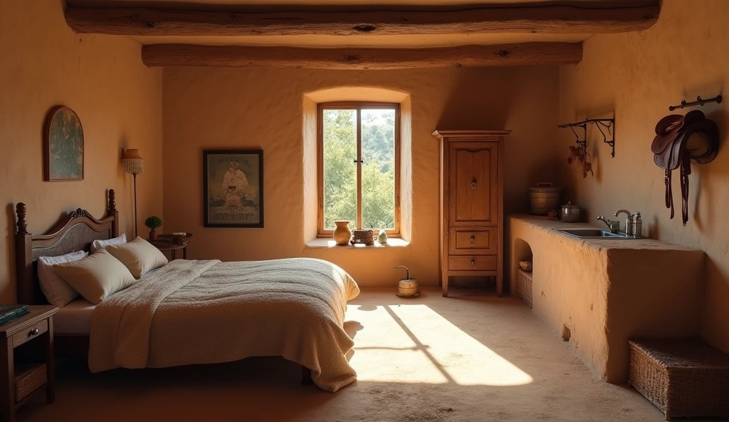 a fund for theatre, it's inside an adobe house, on the right is the stone kitchen, Be, utensils and food and to the left in the same room is the bed with sheep quilts not so exaggerated without food on the bed and above a simple window with a view of the trees ,without appliances, that the mud walls can be seen, On the wall hanging 1 saddle and a wooden cupboard
