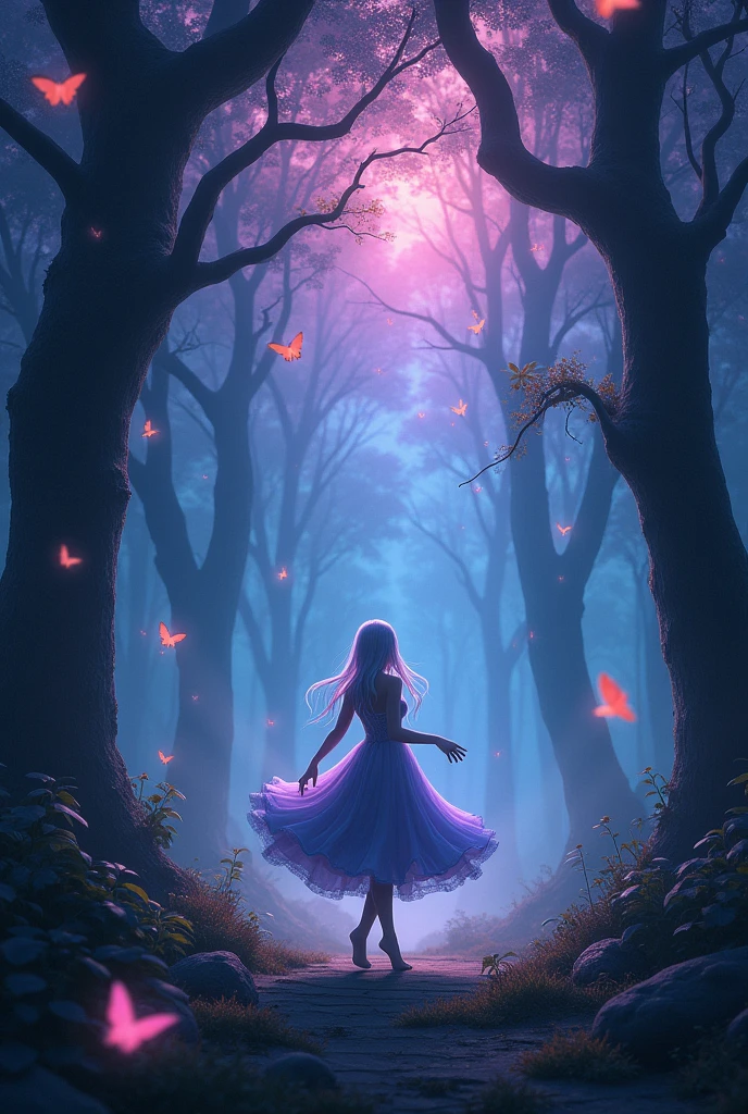 Forest in night and colourful sky, a gil are dancing, Butterflies fly