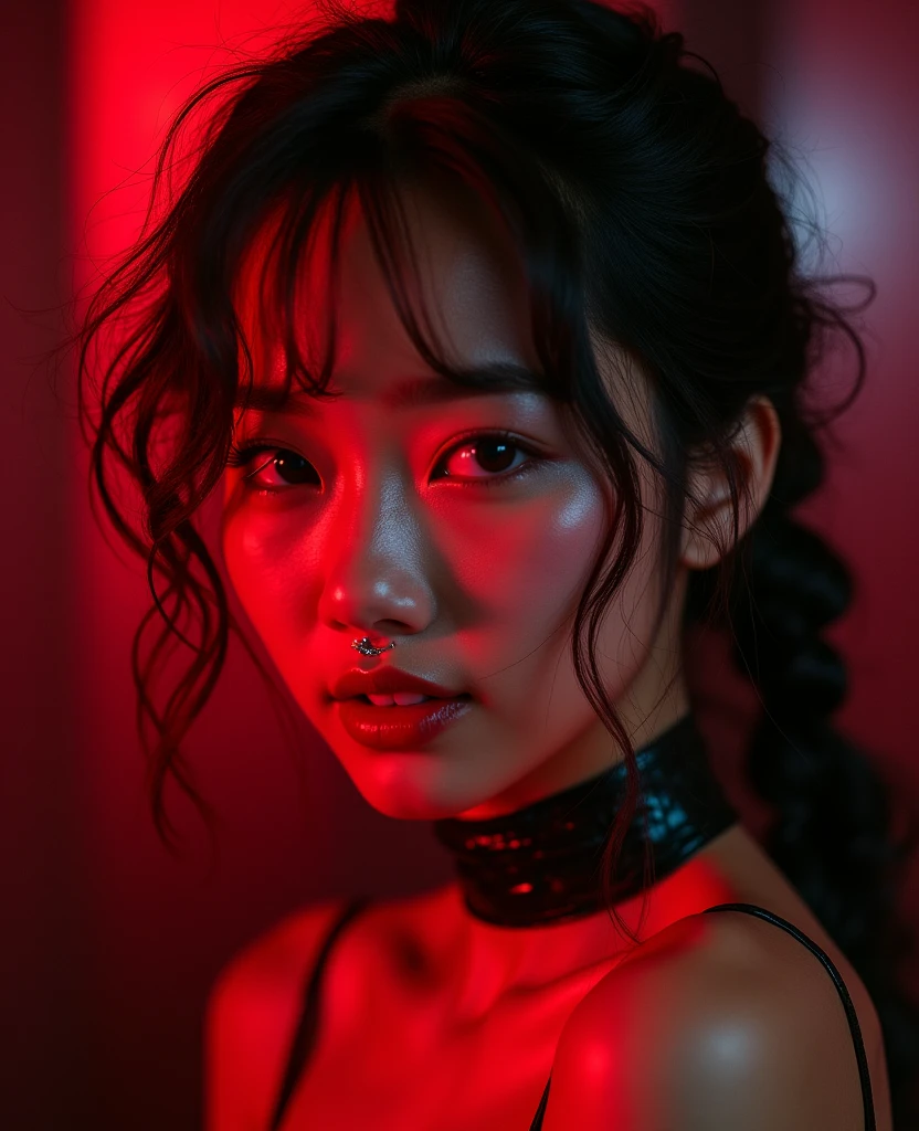 asian woman, young, naked, short curly braids, septum piercing, dimples, thick collar around neck, naughty expression, black latex, red neon lights, devious smile close-up, UHD, retina, masterpiece, accurate, anatomically correct, textured skin, super detail, high details, high quality, award winning, best quality, highres