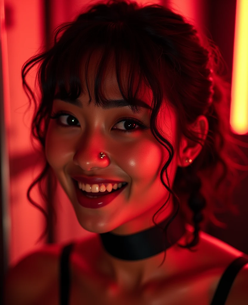 asian woman, young, naked, short curly braids, septum piercing, dimples, thick collar around neck, naughty expression, black latex, red neon lights, devious smile close-up, UHD, retina, masterpiece, accurate, anatomically correct, textured skin, super detail, high details, high quality, award winning, best quality, highres
