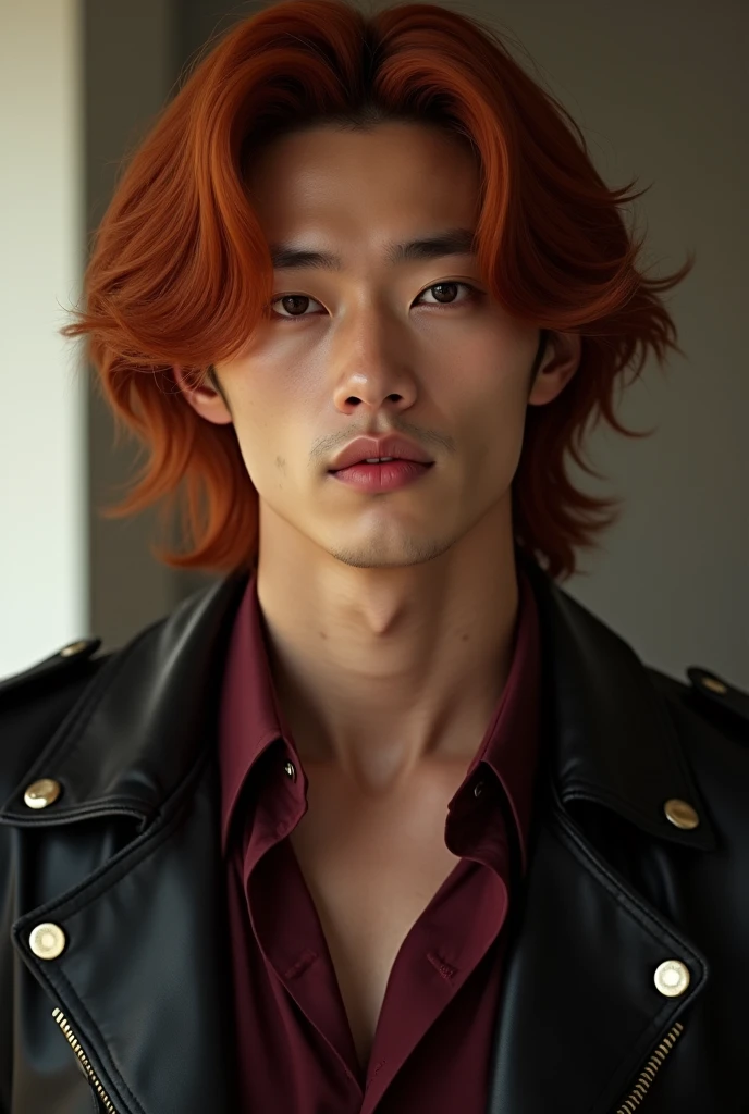 A man similar to Korean actor Lee Dong Wook with almond-shaped eyes, full lips, a delicate nose, and well-defined muscles. Long, fiery red hair, a soft yet profound gaze with a hint of ironic humor. A confident posture, often seen in a leather jacket over a burgundy shirt.