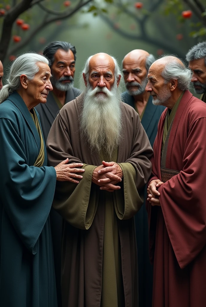 Seven wise elders, representing different ethnicities, are arranged in a harmonious semicircle. Three of these wise men are elderly women, while among men, one is black and the other is Asian. Their serene expressions reflect the cultural diversity and the profound wisdom acquired throughout their lives.. At the center, a man with a mysterious and charming appearance stands out, his long, well-groomed white beard and his face marked by wrinkles that tell stories of vast knowledge. Her clear eyes emanate an almost mystical serenity, as if they were hiding the secrets of the universe. All are dressed in simple robes, mas elegantes, that accentuate its aura of mystery and wisdom. The background is enigmatic, evoking an atmosphere of mystery and depth, suggesting a place where ancestral knowledge is carefully preserved and transmitted.
Remember that there should be seven characters