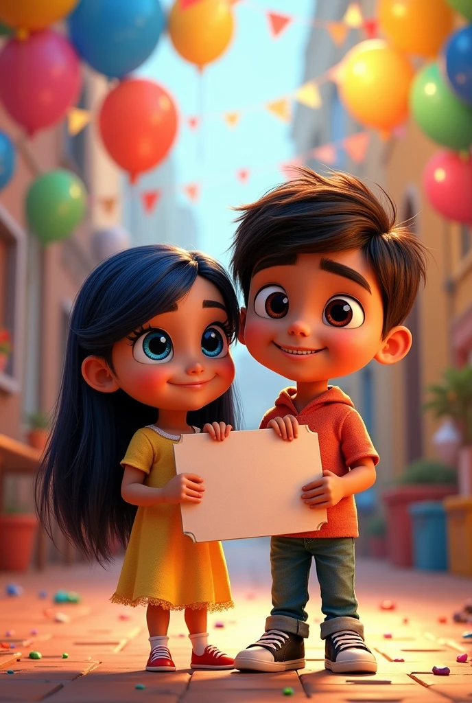A vibrant and colorful scene with a Brazilian girl child of approximately , short with light brown eyes, long hair and fair skin, against the backdrop of the emotions of Inside Out 2. She is accompanied by a tall Brazilian teenager ofroximately 13 years old wir, wearing braces and dark brown eyes. They hold a Pixar-style birthday party invitation, with the text "Melina and Miguel, Pixar-Style Birthday Invitation." The overall image is happy, full of energy and shows the warmth of Brazilian culture.