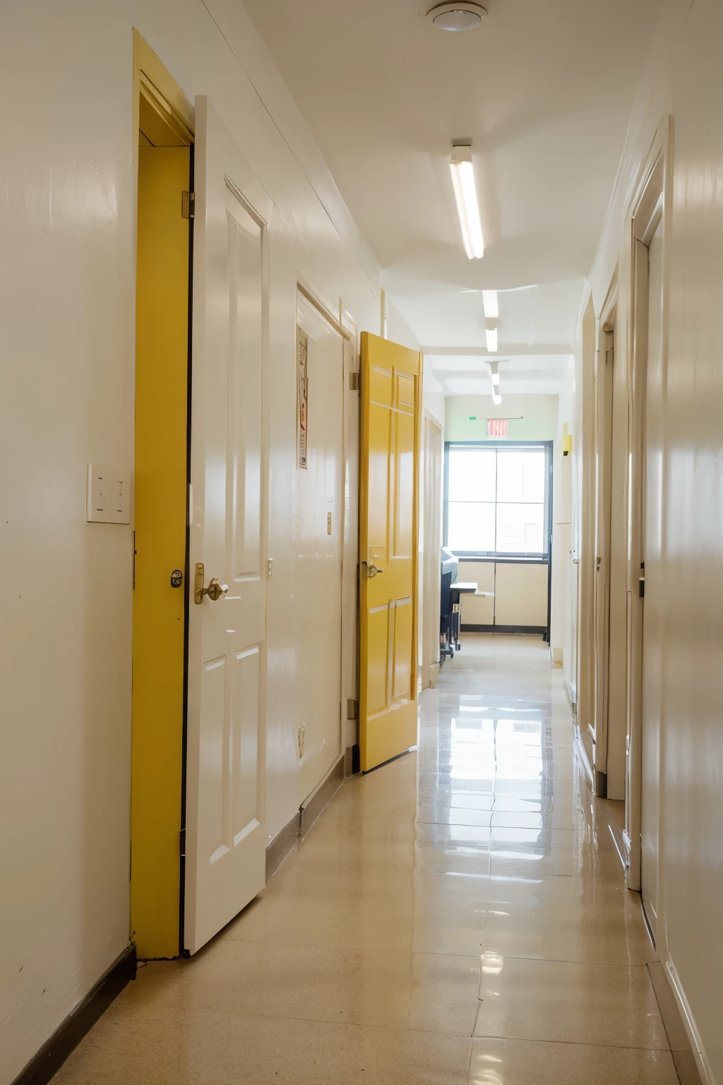 a yellow door in a school hallway