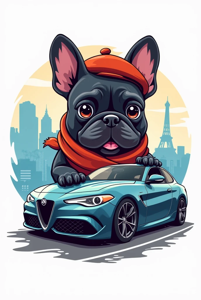 Create a stylish car wash logo that is eye-catching., using a car and having the main character be a black French bulldog named Teo 