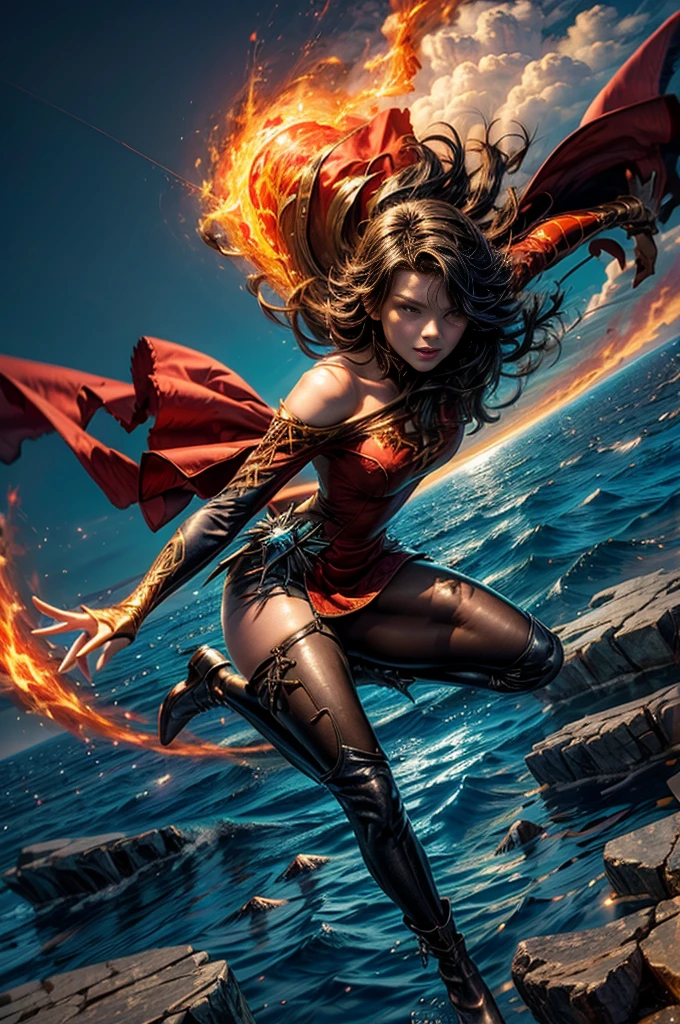 (masterpiece, best quality:1.2), cowboy shot, solo, 1girl, cinder fall, looking at viewer, long hair, red dress, elbow gloves, pantyhose, dynamic pose, flying, holding flames, high in the sky, blue sky, clouds, (volumetric lighting), sharp focus, hyper detailed