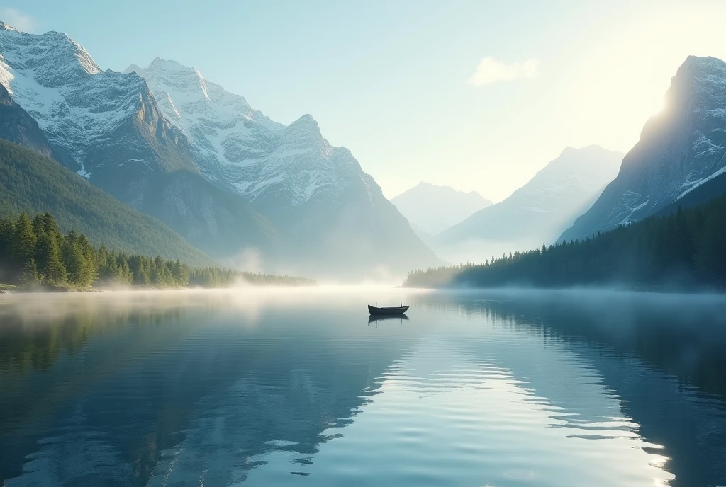 A serene mountain lake at sunrise with a small boat in the distance.