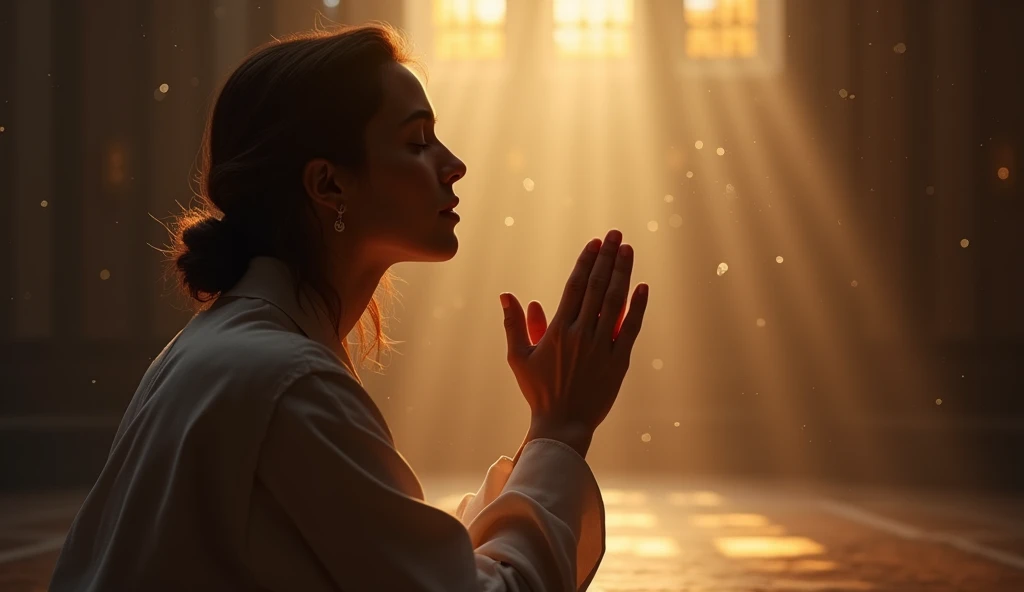 Imagine a high-resolution, photorealistic image that exquisitely captures a person genuinely praying. The person is kneeling with both hands carefully joined, in a gesture of deep devotion. The backlight is absolutely realistic, emanating from a celestial source and filling the scene with a soft, natural glow. Every detail of the image is offered, from the wrinkles on the subject's hands to the subtle nuances of shadow and light on their face. The image quality is exceptional, with textures, cores and details that seem to pop off the screen. This image is an impressive representation of faith and spirituality, capable of touching the hearts of those who contemplate it, man