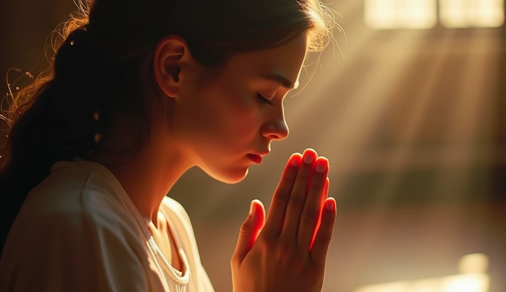 Imagine a high-resolution, photorealistic image that exquisitely captures a person genuinely praying. The person is kneeling with both hands carefully joined, in a gesture of deep devotion. The backlight is absolutely realistic, emanating from a celestial source and filling the scene with a soft, natural glow. Every detail of the image is offered, from the wrinkles on the subject's hands to the subtle nuances of shadow and light on their face. The image quality is exceptional, with textures, cores and details that seem to pop off the screen. This image is an impressive representation of faith and spirituality, capable of touching the hearts of those who contemplate it, man