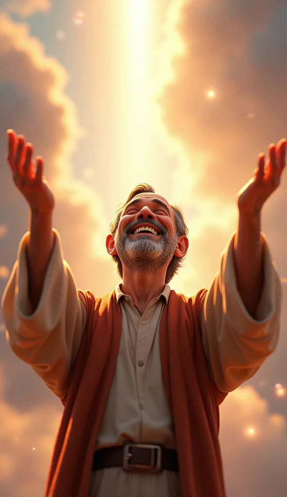 very happy man praying to God with his hands extended to the heavens in pixar style in 3D