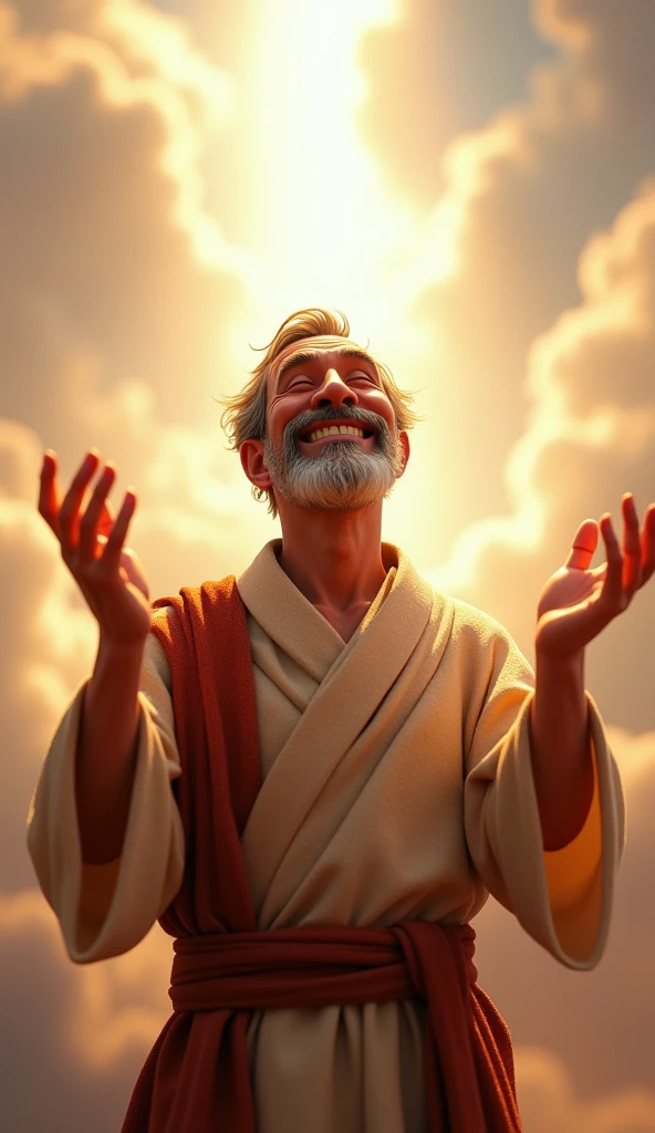 very happy man praying to God with his hands extended to the heavens in pixar style in 3D