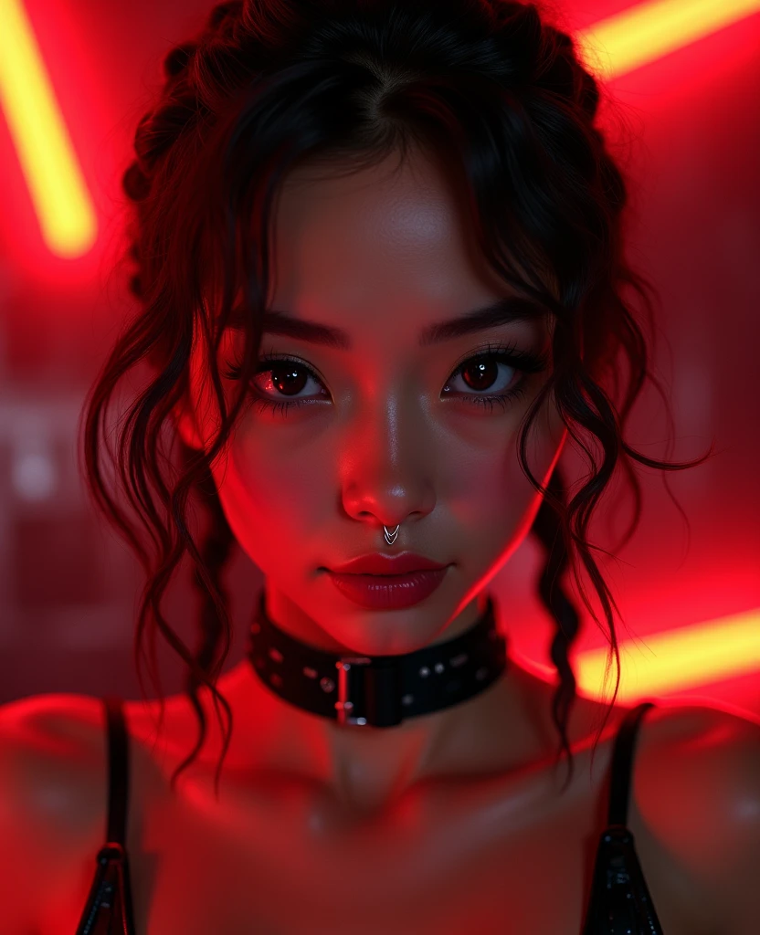 asian woman, young, naked, short curly braids, septum piercing, dimples, thick collar around neck, naughty expression, black latex, red neon lights, dominating smile, close-up, UHD, retina, masterpiece, accurate, anatomically correct, textured skin, super detail, high details, high quality, award winning, best quality, highres